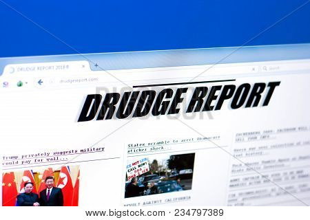 Ryazan, Russia - March 28, 2018 - Homepage Of Drudge Report Website On A Display Of Pc, Web Adress -