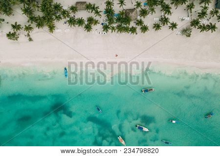 Flat Beach With Palms And Ocen With Boats. Summer