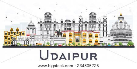 Udaipur India City Skyline with Color Buildings Isolated on White. Business Travel and Tourism Concept with Historic Architecture. Udaipur Cityscape with Landmarks.
