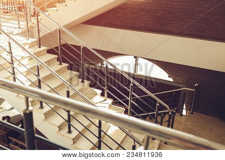 Staircase In Modern Buisness Center Building. Emergency Evacuation Exit. Stairs In Shopping Center. 