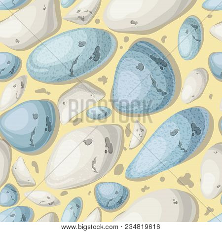 Seamless Pattern Cartoon White And Blue Gray Stone And Nature Rocks, Boulders Object, Texture, Vecto