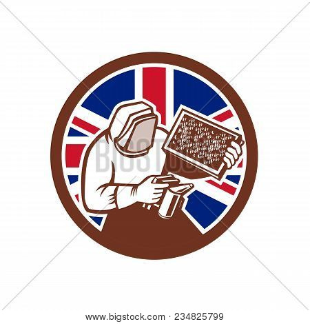 Icon Retro Style Illustration Of A British Beekeeper, Honey Farmer, Apiarist, Or Apiculturist, Holdi