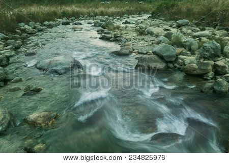 Beautiful Reshi River Water Flowing At Dawn, Sikkim, India. Reshi Is One Of The Most Famous Rivers O