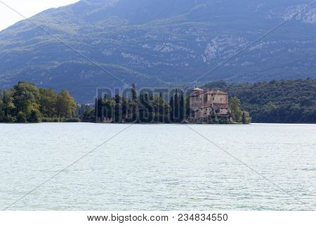 Castle Castel Toblino At Lake Lago Di Toblino And Mountain Panorama In Italy