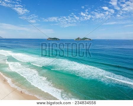 Drone Photo Of Barra Da Tijuca Beach With Ilhas Tijucas And Cagarras In The Background, Rio De Janei