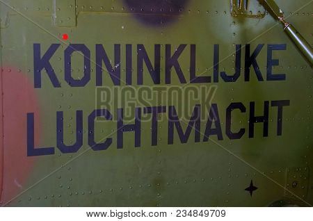 Soesterberg, The Netherlands - April 2, 2018: Royal Netherlands Air Force Logo On The Side Of A Heli