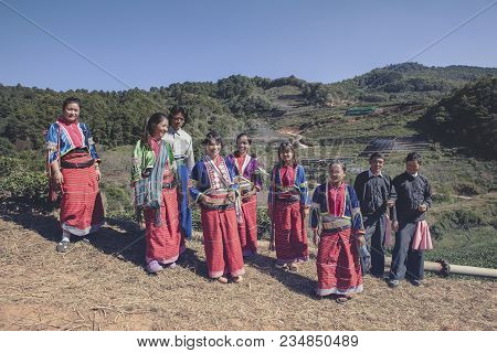 Chiangmai Thailand - Jan10 : Group Of Dara-ang Thai Hill Tribe People Standing In Domestic Village C