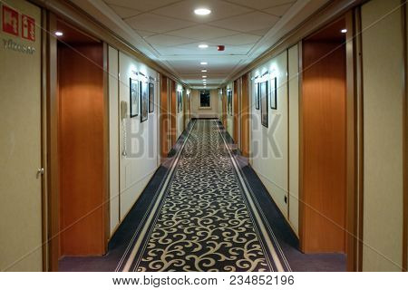 BUDAPEST, HUNGARY - OCTOBER 14: Hotel corridor in Danubius Health Spa Resort Margitsziget in Budapest, Hungary, on October 14, 2017.