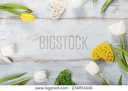Flowers Composition. Frame Made Of White Flowers On Blue Background