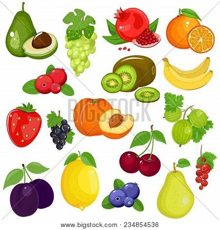 Fruits And Berries In Cartoon Style. Great Set For Your Design. Isolated White Background.