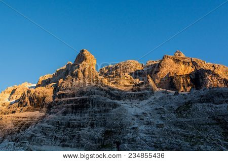 Sun Illuminated Mountain Peaks. Brenta Dolomites At Sunset, Italy.