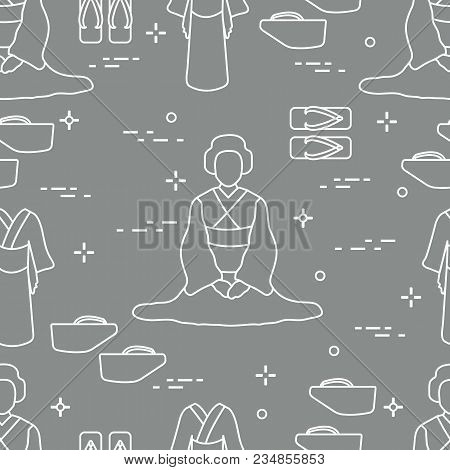 Seamless Pattern With Asian Woman, Traditional Japanese Clothing, Shoes. Travel And Leisure.