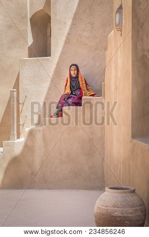 Jibreen, Oman, March 25th, 2018: Neautiful Young Omani Lady In Traditional Outfit