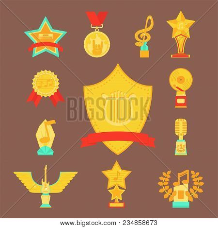 Music Vector Award Statuette Microphone And Notes Entertainment Winner Top Artist Achievement Musicn