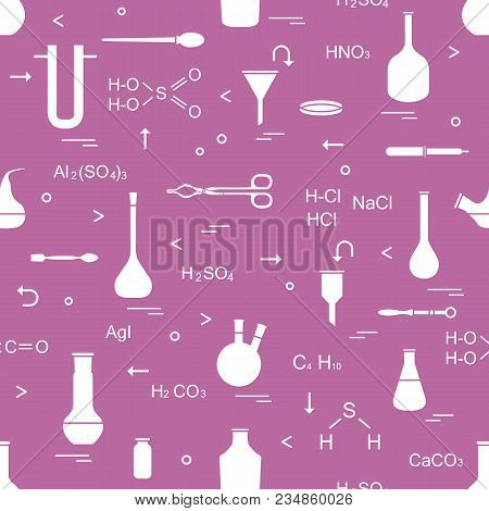 Pattern With Chemical, Biological, Scientific, Education And Research Elements: Flasks, Formulas, Be