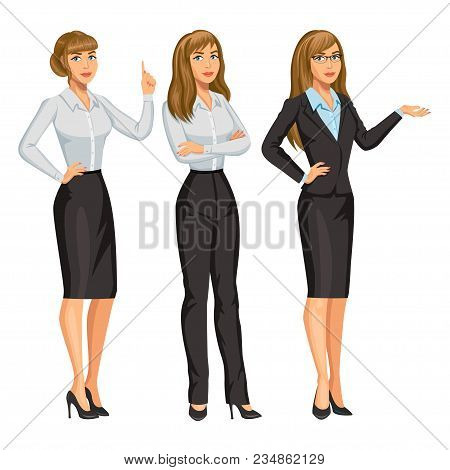Woman In Business Suit With Glasses. Elegant Blond Girl In Different Poses. Consultant Or Secretary,