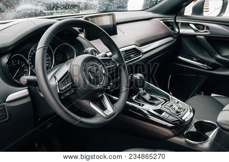 Minsk, Belarus - March 30, 2018: Luxury Black Interior Of Mazda Cx-9