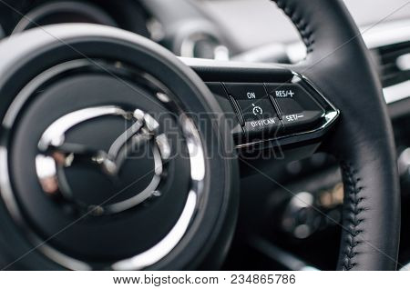 Minsk, Belarus - March 30, 2018: Closeup Image Of Mazda Cx-9 Steering Wheel With Logo And Cruise Con