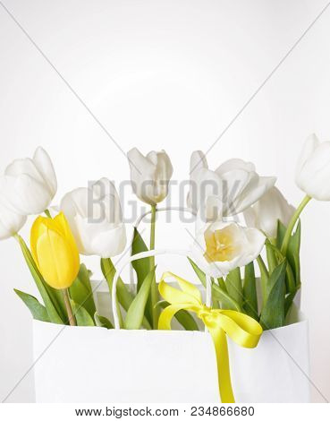 Festive White, Yellow Tulips Composition, Handmade Heart, Ribbon On White Background. Bouquet Of Spr