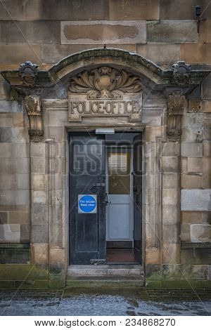 A View Of The Former Police Station Doorway In Clydebank, Scotland.
