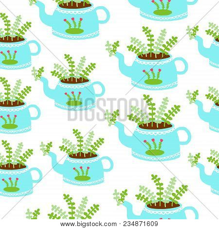 Blue Kettles Hand Drawn Seamless Pattern For Kitchen