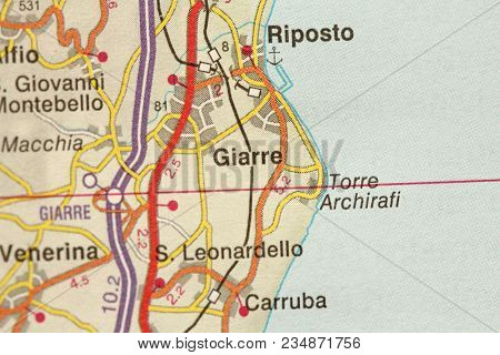 Giarre. The Island Of Sicily, Italy. A Paper Map And Roads On The Map.