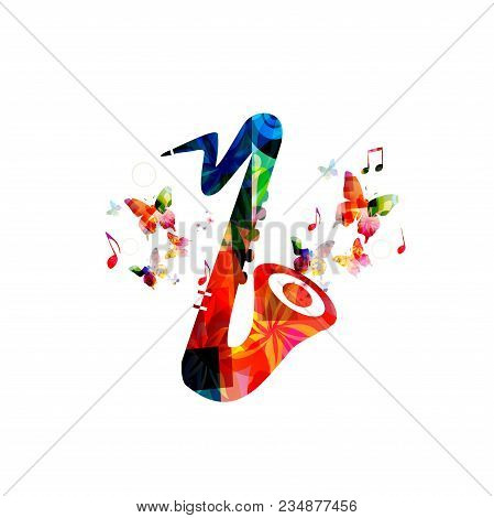 Music Colorful Background With Saxophone. Music Festival Poster. Sax Isolated Vector Illustration. M