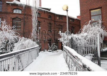 Winter Street And Bridge In Tampere City Center, Finland