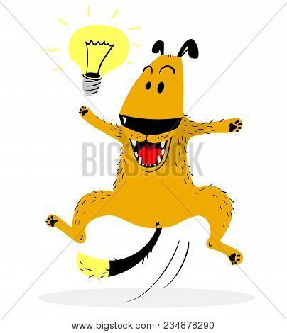 Laughing Jumping Dog. Idea Lamp. Cute Dog Enjoys The Fact That She Had The Idea. Good Mood And Emoti