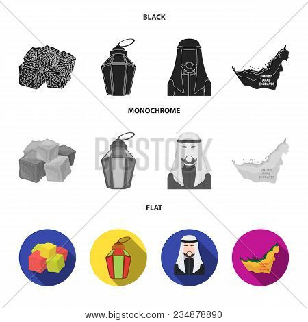 Eastern Sweets, Ramadan Lamp, Arab Sheikh, Territory.arab Emirates Set Collection Icons In Black, Fl