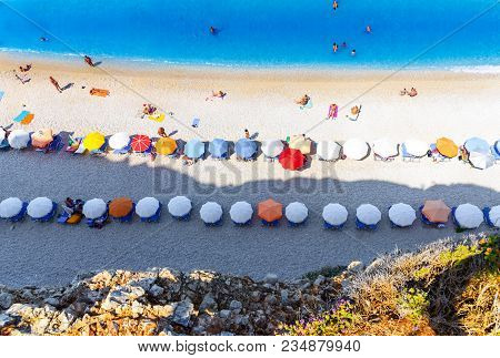 Aerial View Of Porto Katsiki Beach, With People Enjoying Summer Holiday In Lefkada Island, Greece