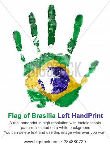 Left Hand Print In Brazilian Flag Colors On White Isolated Background, National Celebration Of Brazi