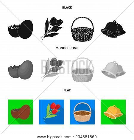 Chocolate Egg, Bells, Basket And Flowers.easter Set Collection Icons In Black, Flat, Monochrome Styl