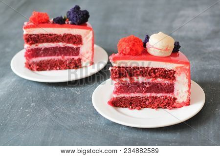 Red Velvet. Tasty Red Homemade Cake Decorated By Macarons. Modern Photo