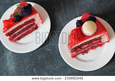 Red Velvet. Tasty Red Homemade Cake Decorated By Macarons. Modern Photo