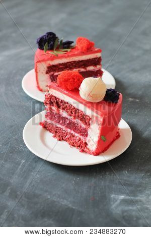 Red Velvet. Tasty Red Homemade Cake Decorated By Macarons. Modern Photo