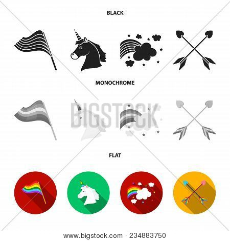 Flag, Unicorn Symbol, Arrows With Heart.gay Set Collection Icons In Black, Flat, Monochrome Style Ve