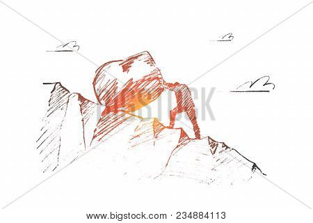 Vector Hand Drawn Business Concept Sketch. Bisinessman Rolling Huge Boulder Up The Hill. Lettering B
