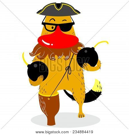 Halloween Dog Character In Costume Of Pirate. Cute Pet In Fansy Dress Of Retro Robber. Cartoon Vecto