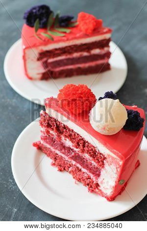 Red Velvet. Tasty Red Homemade Cake Decorated By Macarons. Modern Photo