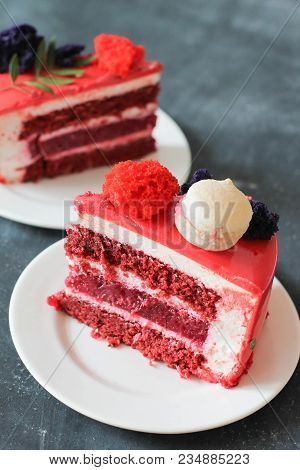 Red Velvet. Tasty Red Homemade Cake Decorated By Macarons. Modern Photo