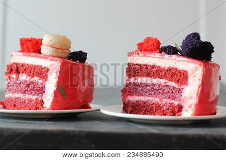 Red Velvet. Tasty Red Homemade Cake Decorated By Macarons. Modern Photo