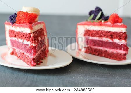 Red Velvet. Tasty Red Homemade Cake Decorated By Macarons. Modern Photo