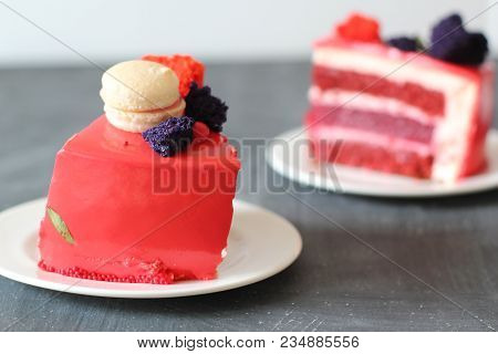 Red Velvet. Tasty Red Homemade Cake Decorated By Macarons. Modern Photo