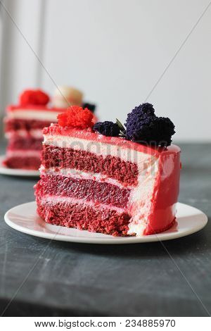 Red Velvet. Tasty Red Homemade Cake. Modern Photo