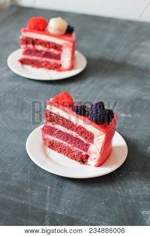 Red Velvet. Tasty Red Homemade Cake Decorated By Macarons. Modern Photo