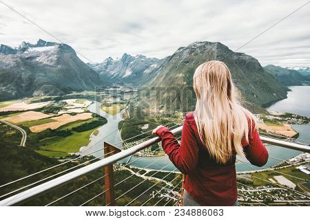 Blonde Woman Enjoying Mountains Landscape Travel Lifestyle Adventure Vacations Success Emotions In N