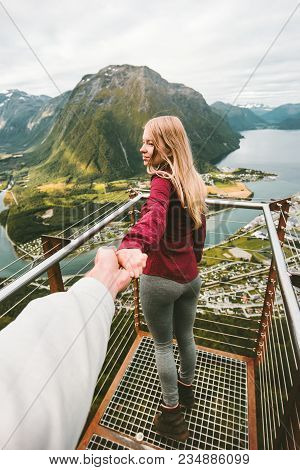 Couple Man And Woman Follow Me Holding Hands Sightseeing Mountains Travel Happy Emotions Lifestyle A