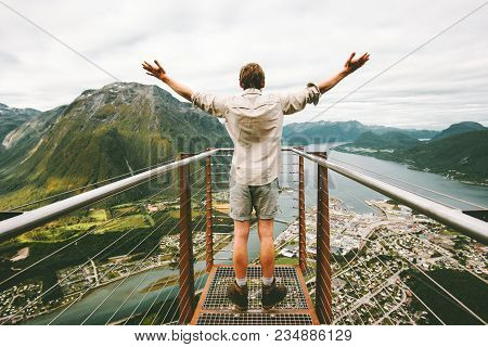 Happy Tourist Man Raised Hands Enjoying Aerial Mountains Landscape Travel Healthy Lifestyle Adventur