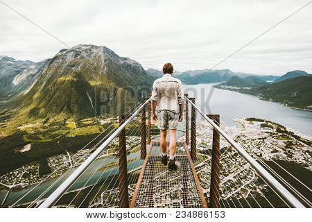 Man Traveler Alone Sightseeing Aerial Mountains Landscape Traveling Lifestyle Adventure Vacations Ra